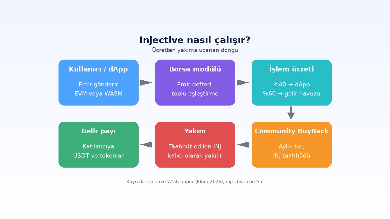 Injective (INJ) Nedir? Arz Farkı, BuyBack Yakımı ve Staking 1 Injective nasıl çalışır: emir defteri, dApp ücretleri ve Community BuyBack yakım döngüsü