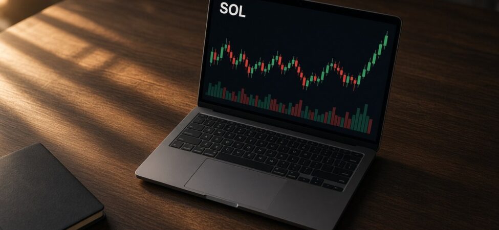 Kripto Kulisleri 21 Ekim: Alpenglow, NU7 ve Chainlink 25 Sabah ışığında ahşap masadaki dizüstü bilgisayarda koyu temalı SOL mum grafiği ve hacim çubukları, kripto kulisleri 21 Ekim için temsili görsel