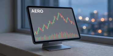 Şafak öncesi pencere kenarında standdaki tablette AERO mum grafiği ve hacim çubukları, kripto kulisleri 22 Ekim için temsili görsel
