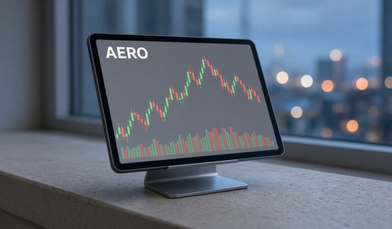 Şafak öncesi pencere kenarında standdaki tablette AERO mum grafiği ve hacim çubukları, kripto kulisleri 22 Ekim için temsili görsel