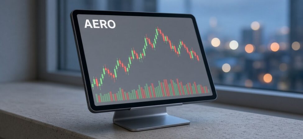 Kripto Kulisleri 22 Ekim: Aero, PancakeSwap ve Zcash NU7 7 Şafak öncesi pencere kenarında standdaki tablette AERO mum grafiği ve hacim çubukları, kripto kulisleri 22 Ekim için temsili görsel