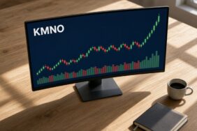 Güneşli bir masadaki geniş kavisli monitörde KMNO mum grafiği ve hacim çubukları, kripto kulisleri 24 Ekim için temsili görsel