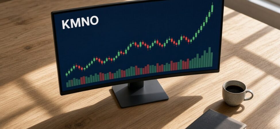 Kripto Kulisleri 24 Ekim: Kamino, Aero ve PancakeSwap Oyu 11 Güneşli bir masadaki geniş kavisli monitörde KMNO mum grafiği ve hacim çubukları, kripto kulisleri 24 Ekim için temsili görsel