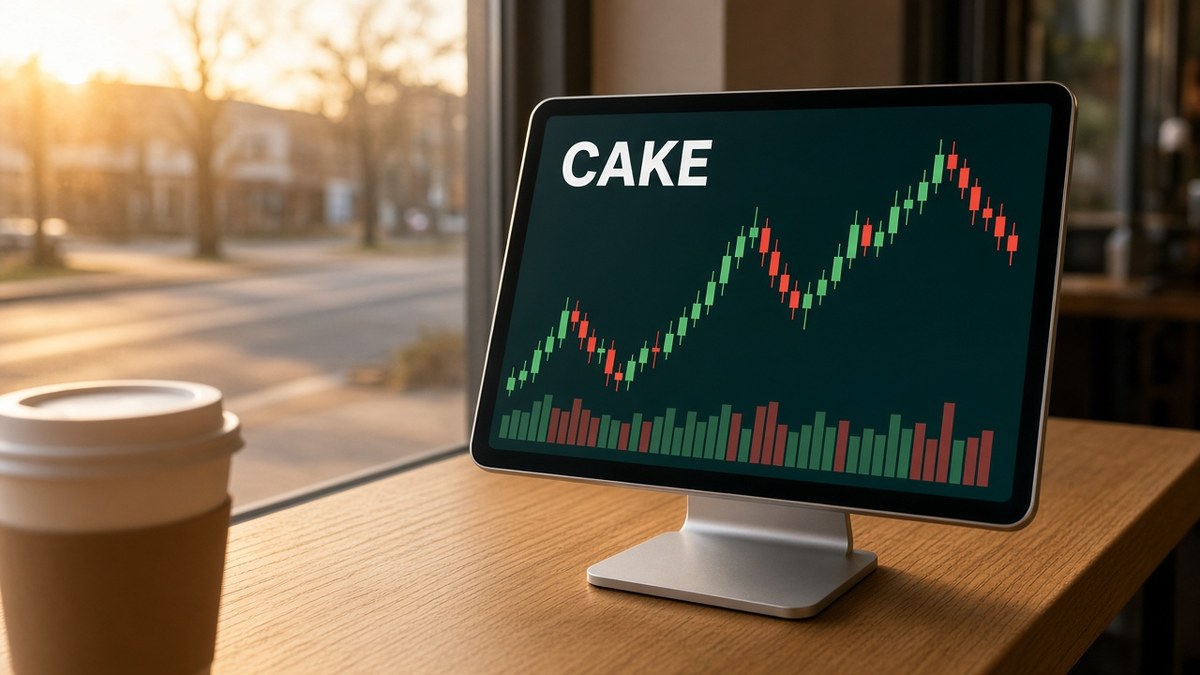 Sabah ışığı alan bir kafe penceresi önündeki tablette CAKE mum grafiği ve hacim çubukları, kripto kulisleri 25 Ekim için temsili görsel