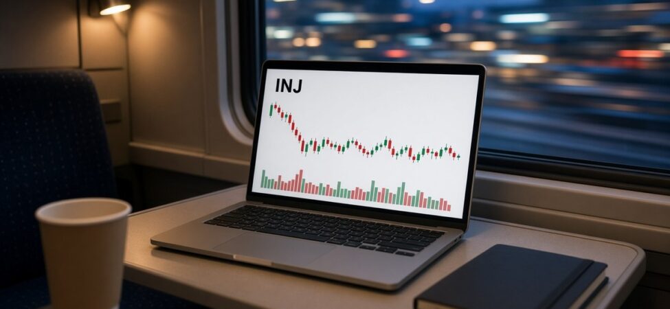 Kripto Kulisleri 26 Ekim: CoinDCX Kaybı, Keystone Sızıntısı, INJ ve ZEC 6 Gece trenindeki katlanır masada duran dizüstü bilgisayarda INJ mum grafiği ve hacim çubukları, kripto kulisleri 26 Ekim için temsili görsel
