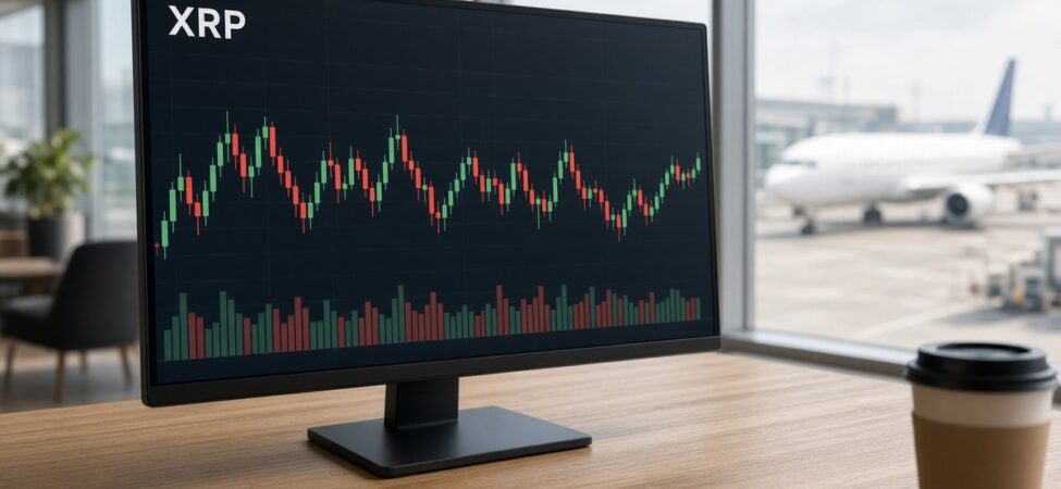 XRP mum grafiği ve hacim çubuklarını gösteren havalimanı salonundaki ekran, kripto kulisleri 27 Ekim temsili görsel