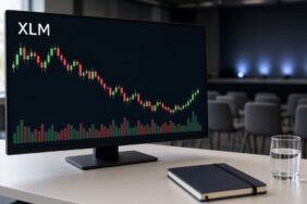 Kripto Kulisleri 28 Ekim: Nasdaq-100 Stellar’da, XRP’ye BNY 22 XLM mum grafiği ve hacim çubuklarını gösteren konferans basın odasındaki ekran, kripto kulisleri 28 Ekim temsili görsel