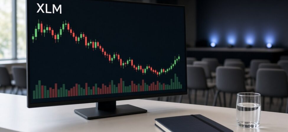 XLM mum grafiği ve hacim çubuklarını gösteren konferans basın odasındaki ekran, kripto kulisleri 28 Ekim temsili görsel