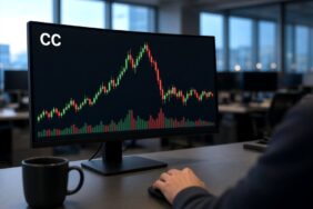 Kripto Kulisleri 29 Ekim: DTCC Canlıda, Stellar’a Securitize 46 CC mum grafiği ve hacim çubuklarını gösteren sabah saatlerindeki takas operasyon odası ekranı, kripto kulisleri 29 Ekim temsili görsel