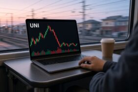 Kripto Kulisleri 30 Ekim: Binance Şoku, UNI, POL ve CC Radarı 34 UNI mum grafiği ve hacim çubuklarını gösteren, şafakta bir banliyö treninde masaya açılmış dizüstü bilgisayar ekranı, kripto kulisleri 30 Ekim temsili görsel