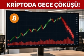 Parlak bir işlem ofisindeki ekranda Bitcoin logosu ve sert düşüşü gösteren kırmızı mum grafiği, Bitcoin neden düştü sorusunu anlatan temsili görsel