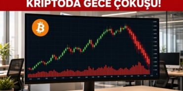 KRİPTODA GECE ÇÖKÜŞÜ! Bitcoin Neden 79 Bin Doların Altına Düştü? 2 Parlak bir işlem ofisindeki ekranda Bitcoin logosu ve sert düşüşü gösteren kırmızı mum grafiği, Bitcoin neden düştü sorusunu anlatan temsili görsel