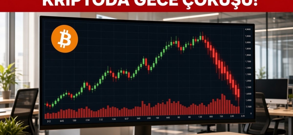 KRİPTODA GECE ÇÖKÜŞÜ! Bitcoin Neden 79 Bin Doların Altına Düştü? 1 Parlak bir işlem ofisindeki ekranda Bitcoin logosu ve sert düşüşü gösteren kırmızı mum grafiği, Bitcoin neden düştü sorusunu anlatan temsili görsel