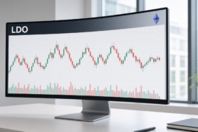 Geniş ekranda LDO mum grafiği ve Ethereum logosu, Lido (LDO) için temsili görsel