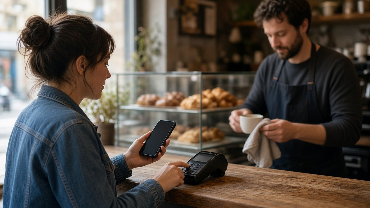 Bir kafenin kasasında telefonunu ödeme terminaline yaklaştıran müşteri, Litecoin ile günlük ödemeler için temsili görsel