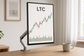 Litecoin (LTC) Nedir? MWEB, 2027 Yarılanması ve ETF 21 Gün ışığı alan sade bir çalışma odasında monitörde açık temalı LTC mum grafiği ve hacim çubukları, Litecoin için temsili görsel