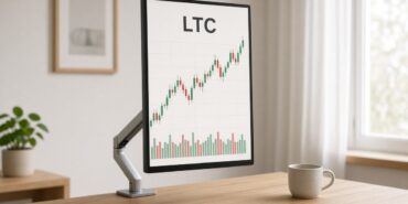 Gün ışığı alan sade bir çalışma odasında monitörde açık temalı LTC mum grafiği ve hacim çubukları, Litecoin için temsili görsel