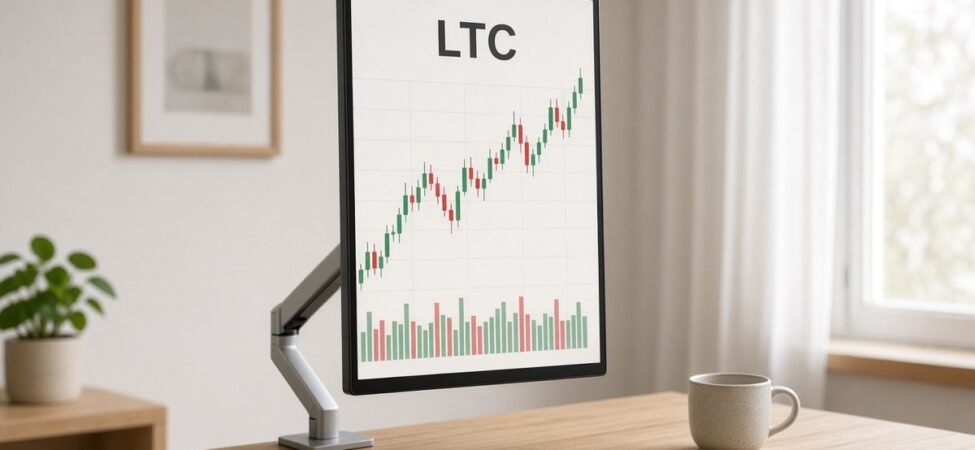 Litecoin (LTC) Nedir? MWEB, 2027 Yarılanması ve ETF 9 Gün ışığı alan sade bir çalışma odasında monitörde açık temalı LTC mum grafiği ve hacim çubukları, Litecoin için temsili görsel