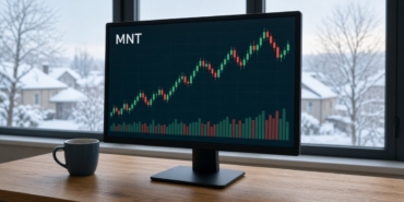 Karlı bir kış sabahı pencere önündeki monitörde MNT mum grafiği ve hacim çubukları, Mantle için temsili görsel