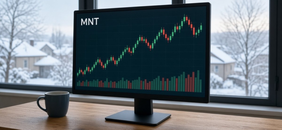 Mantle (MNT) Nedir? ZK Rollup, RWA Odağı ve Hazine Yapısı 8 Karlı bir kış sabahı pencere önündeki monitörde MNT mum grafiği ve hacim çubukları, Mantle için temsili görsel