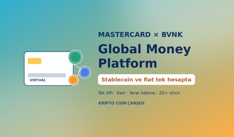Mastercard Global Money: Fiat ve Stablecoin Tek Hesapta 1 Mastercard × BVNK Global Money Platform kapak: stablecoin ve fiat tek hesapta, sanal kart görseli