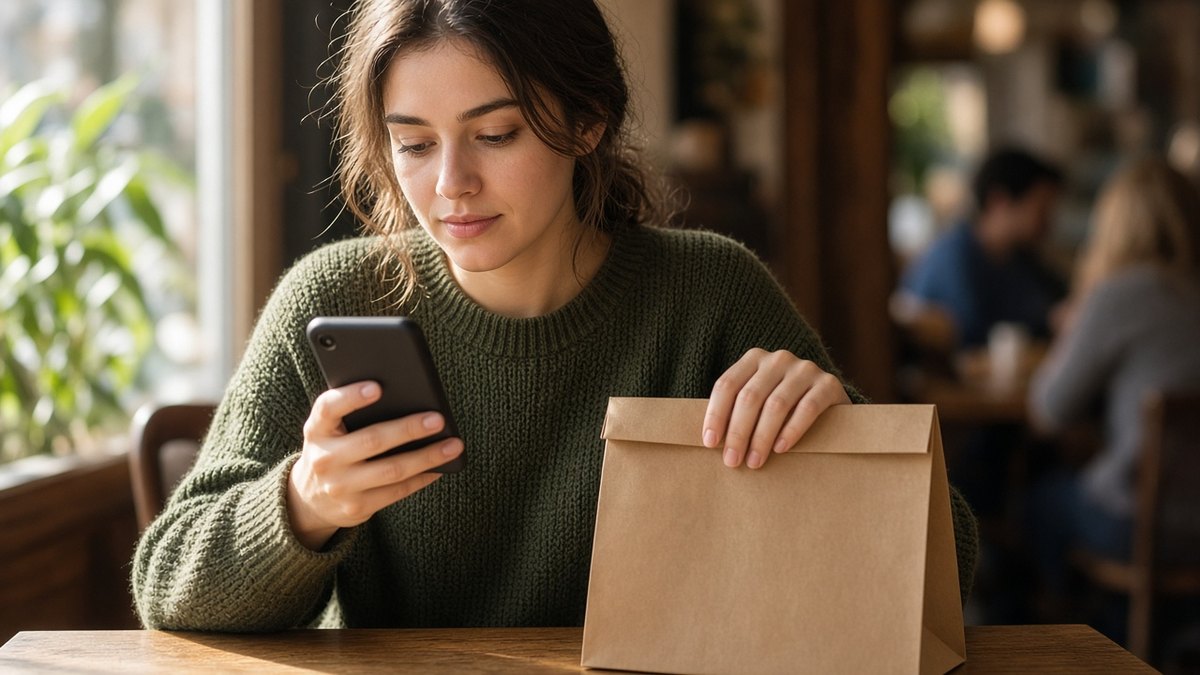 Bir kafede elinde akıllı telefon tutan bir kişinin ekrana bakarak yapay zeka asistanıyla alışveriş yaptığı an, Meta’nın Muse ajanı için temsili görsel