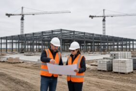 Meta Yapay Zeka İçin 95 Milyar Dolar Toplamayı Planlıyor 18 ABD’de büyük bir yapay zeka veri merkezi kampüsünün inşaat alanında baretli ve yelekli iki mühendisin vinçler ve çelik bina iskeleti önünde planları incelediği an, Meta yapay zeka altyapı yatırımları için temsili görsel