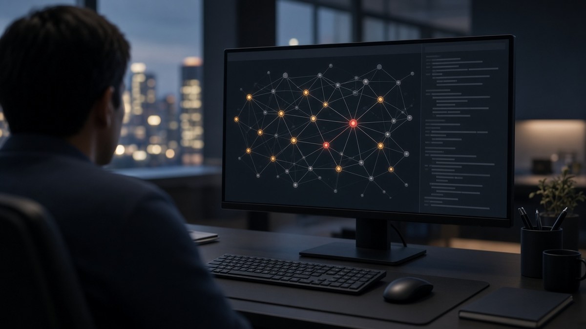 Bir kripto borsasının uyum biriminde ekranlarda akıllı sözleşme risk kontrollerini inceleyen analist, MiCA DeFi önerileri için temsili görsel