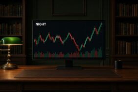 Koyu yeşil duvarlı kütüphane çalışma odasında pirinç lamba altındaki monitörde NIGHT mum grafiği ve hacim çubukları, Midnight için temsili görsel