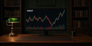 Koyu yeşil duvarlı kütüphane çalışma odasında pirinç lamba altındaki monitörde NIGHT mum grafiği ve hacim çubukları, Midnight için temsili görsel
