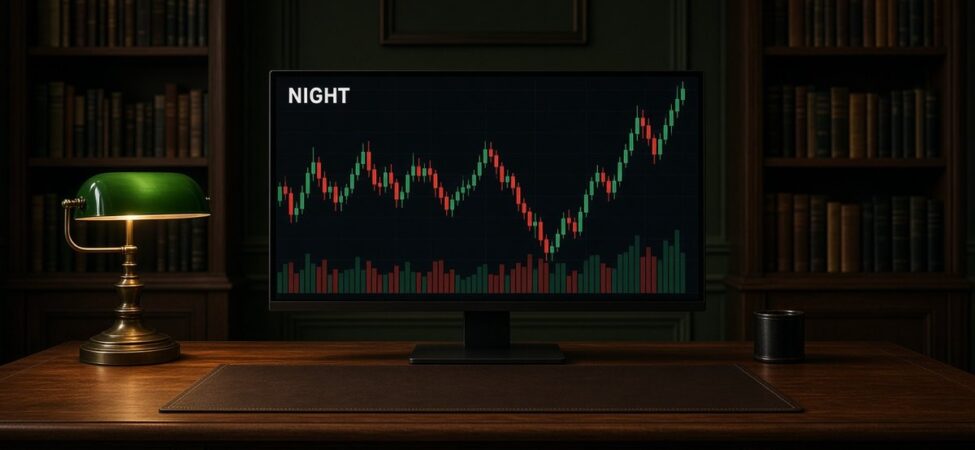 Midnight (NIGHT) Nedir? DUST, Glacier Drop ve Kilit Takvimi 8 Koyu yeşil duvarlı kütüphane çalışma odasında pirinç lamba altındaki monitörde NIGHT mum grafiği ve hacim çubukları, Midnight için temsili görsel