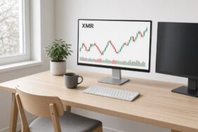 Monero (XMR) Nedir? Gizlilik, Sınırsız Arz ve FCMP++ Planı 17 Bulutlu gün ışığı alan sade bir çalışma odasında iki monitörden birinde XMR mum grafiği ve hacim çubukları, Monero için temsili görsel
