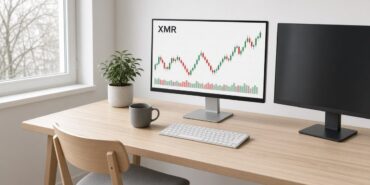 Monero (XMR) Nedir? Gizlilik, Sınırsız Arz ve FCMP++ Planı 8 Bulutlu gün ışığı alan sade bir çalışma odasında iki monitörden birinde XMR mum grafiği ve hacim çubukları, Monero için temsili görsel