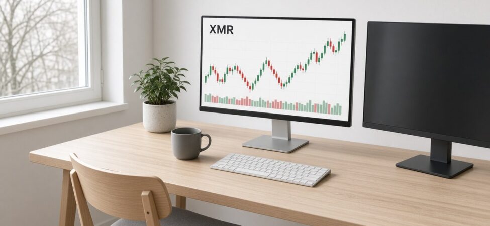 Monero (XMR) Nedir? Gizlilik, Sınırsız Arz ve FCMP++ Planı 6 Bulutlu gün ışığı alan sade bir çalışma odasında iki monitörden birinde XMR mum grafiği ve hacim çubukları, Monero için temsili görsel