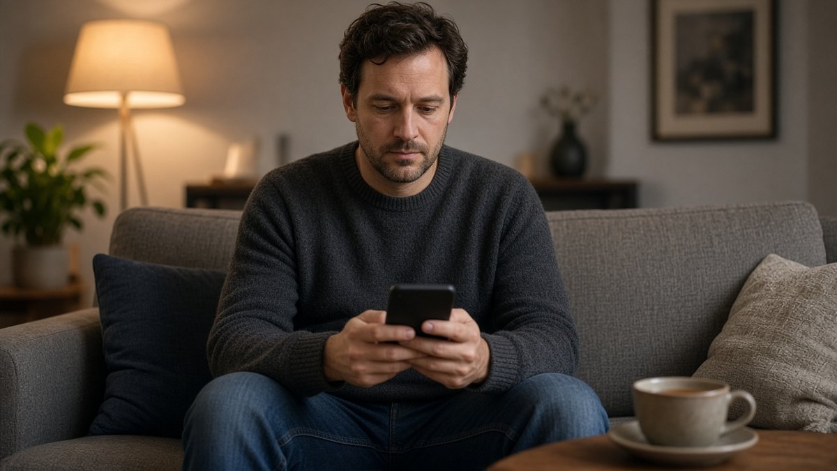 Evde kanepede oturup akıllı telefondan kripto teminatlı kredi işlemine bakan kişi, Morpho altyapısıyla verilen Bitcoin teminatlı krediler için temsili görsel