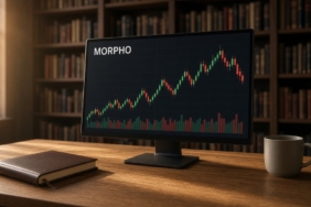 Morpho (MORPHO) Nedir? DeFi Kredi Ağı, Arz ve Kilit Takvimi 20 Kitap raflarıyla çevrili sessiz bir çalışma odasında meşe masadaki monitörde MORPHO mum grafiği ve hacim çubukları, Morpho için temsili görsel