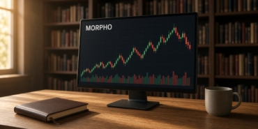 Kitap raflarıyla çevrili sessiz bir çalışma odasında meşe masadaki monitörde MORPHO mum grafiği ve hacim çubukları, Morpho için temsili görsel