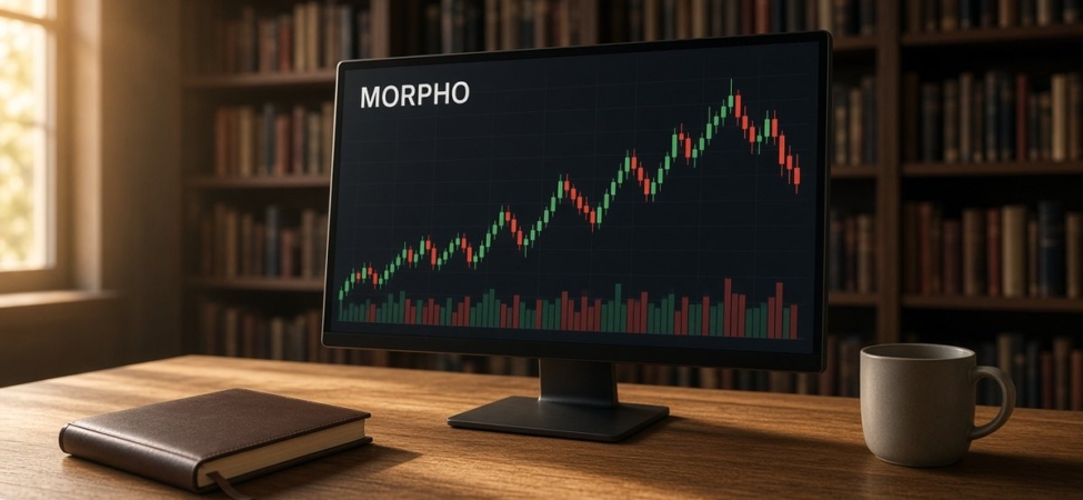 Morpho (MORPHO) Nedir? DeFi Kredi Ağı, Arz ve Kilit Takvimi 10 Kitap raflarıyla çevrili sessiz bir çalışma odasında meşe masadaki monitörde MORPHO mum grafiği ve hacim çubukları, Morpho için temsili görsel