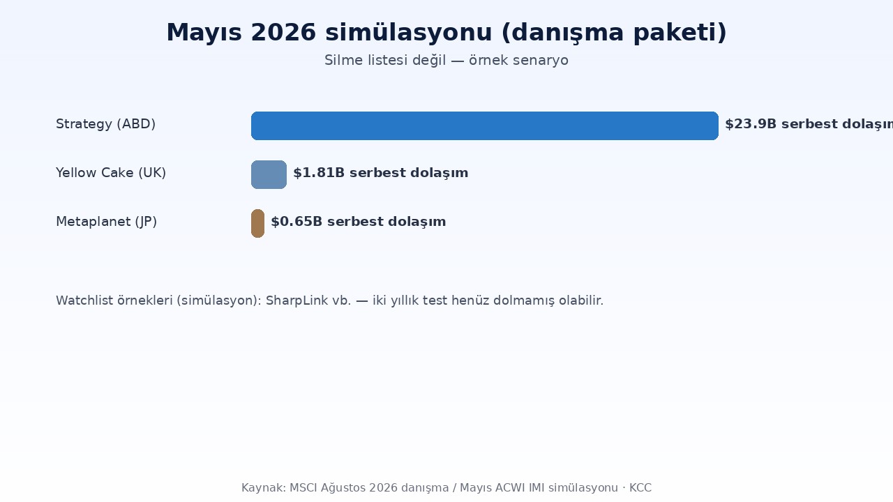 MSCI, Bitcoin Hazine Şirketlerini Endeksten Çıkarabilecek Kuralı Onayladı 3 MSCI Mayıs 2026 ACWI IMI simülasyonu: Strategy, Yellow Cake, Metaplanet örnek silmeleri
