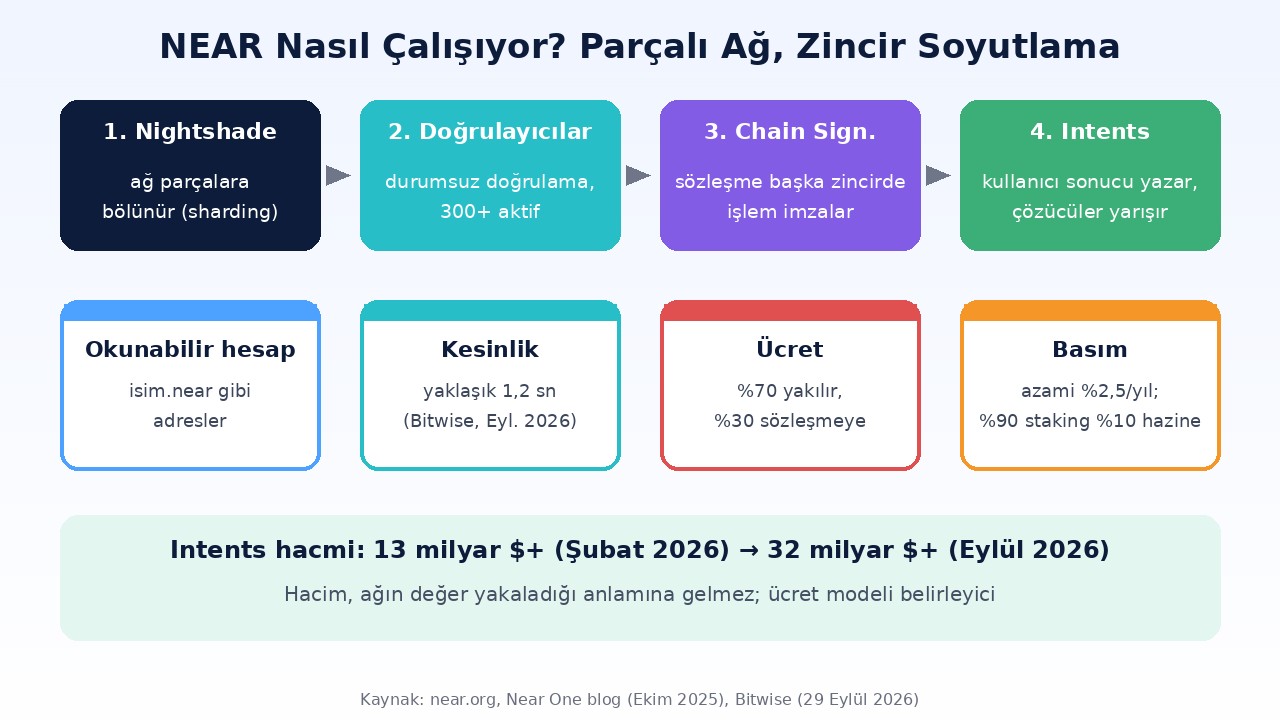 NEAR Protocol nasıl çalışıyor: Nightshade sharding, durumsuz doğrulama, Chain Signatures ve NEAR Intents katmanları