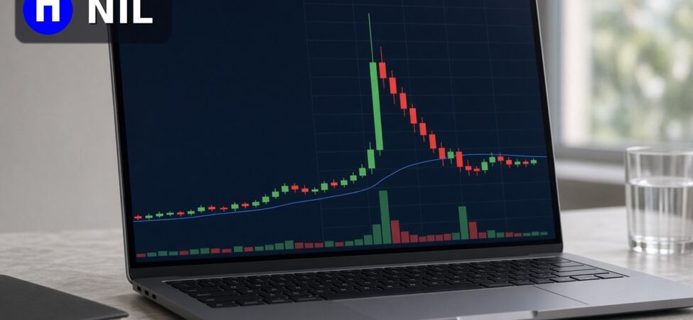 Bir işlem ekranında NIL mum grafiğinde tek bir sert yükselişin ardından gerileyen yeşil ve kırmızı mumlar ile hacim çubukları, köşede Nillion logosu, Nillion Upbit won pazarı listelemesi için temsili görsel