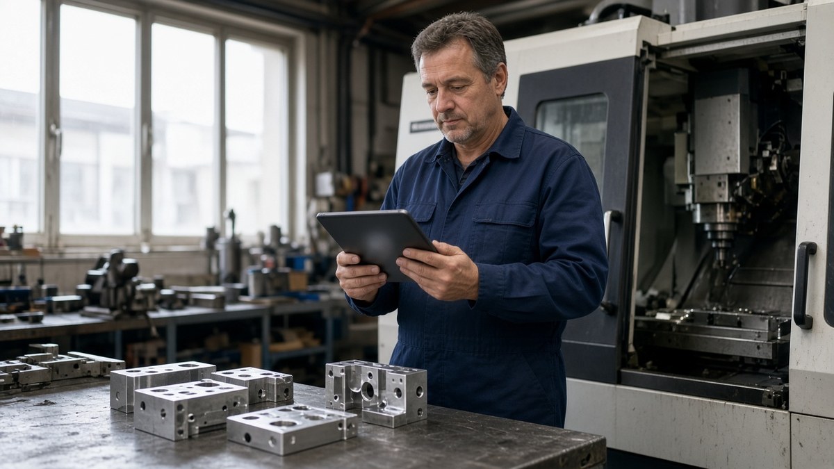 Almanya ve Nvidia’dan Endüstriyel Yapay Zeka İş Birliği 1 Orta ölçekli bir Alman makine atölyesinde mühendisin CNC tezgâhının yanında tablet üzerinden üretim verilerini incelemesi, endüstriyel yapay zeka için temsili görsel