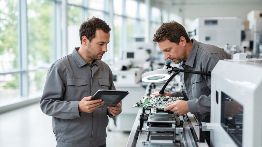 Almanya’da bir elektronik fabrikasında baskılı devre kartı üretim hattını kontrol eden mühendisler, endüstriyel yapay zeka için temsili görsel