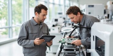 Almanya’da bir elektronik fabrikasında baskılı devre kartı üretim hattını kontrol eden mühendisler, endüstriyel yapay zeka için temsili görsel