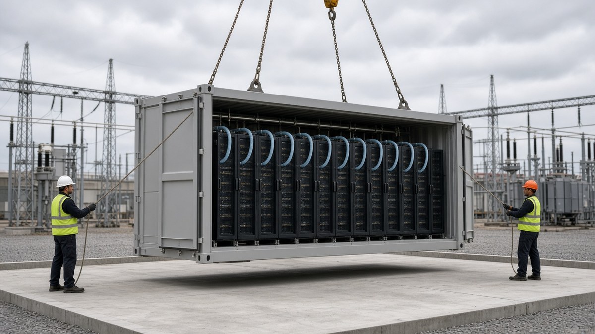 Almanya ve Nvidia’dan Endüstriyel Yapay Zeka İş Birliği 2 Hazırlanmış beton bir sahaya vinçle indirilen, içinde sunucu sistemleri bulunan modüler konteyner ve başındaki teknisyenler, modüler yapay zeka veri merkezi için temsili görsel