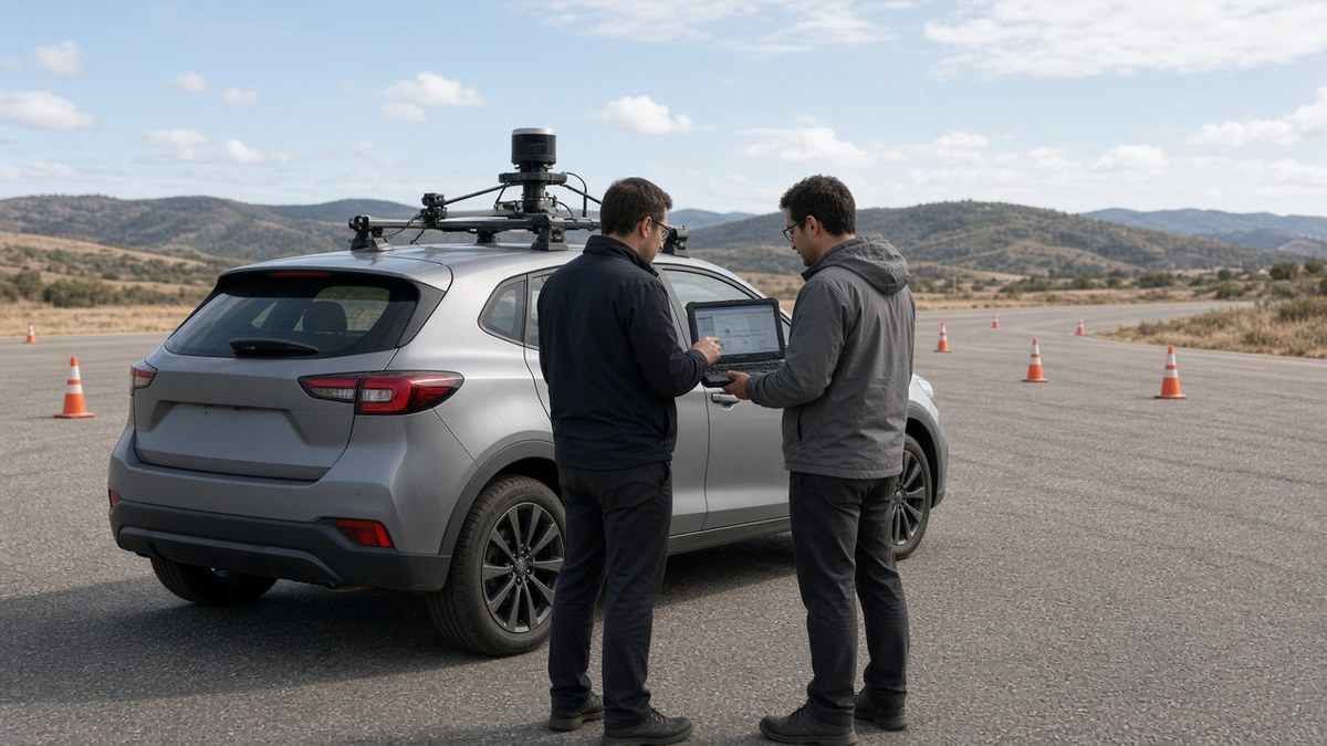 Almanya ve Nvidia’dan Endüstriyel Yapay Zeka İş Birliği 3 Bir otomotiv test pistinde tavanına sensör düzeneği takılmış deneme aracının yanında veri kontrol eden mühendisler, otonom sürüş platformları için temsili görsel