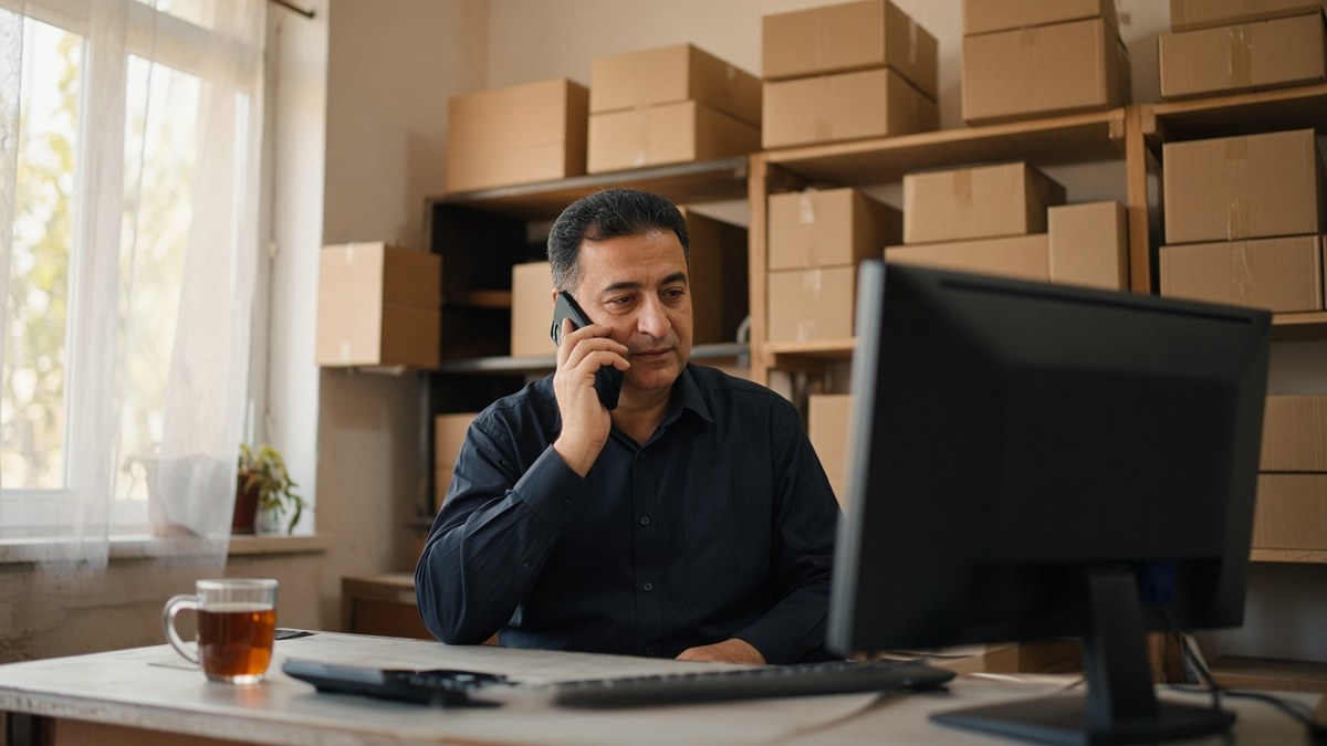 Küçük bir işletmenin ofisinde barındırma firmasıyla telefonda konuşurken web sitesinin sunucu güncellemesini takip eden işletme sahibi, PHP sürüm güncellemesi için temsili görsel