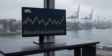 Plasma (XPL) Nedir? Stablecoin Ağı, Arz ve Kilit Takvimi 6 Yağmurlu bir öğleden sonra liman manzaralı ofiste ayakta çalışma masasındaki monitörde XPL mum grafiği ve hacim çubukları, Plasma için temsili görsel