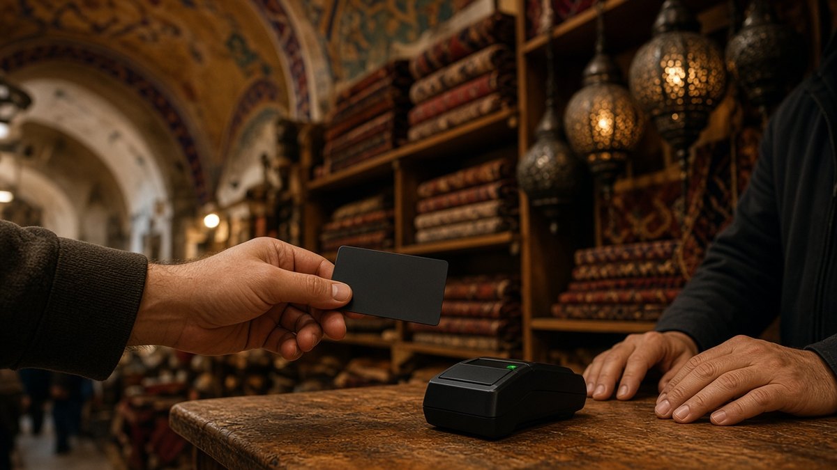 Kapalıçarşı’daki bir dükkânda tezgâhta kartla temassız ödeme yapan müşteri, Plasma’nın stablecoin ödeme hedefi için temsili görsel