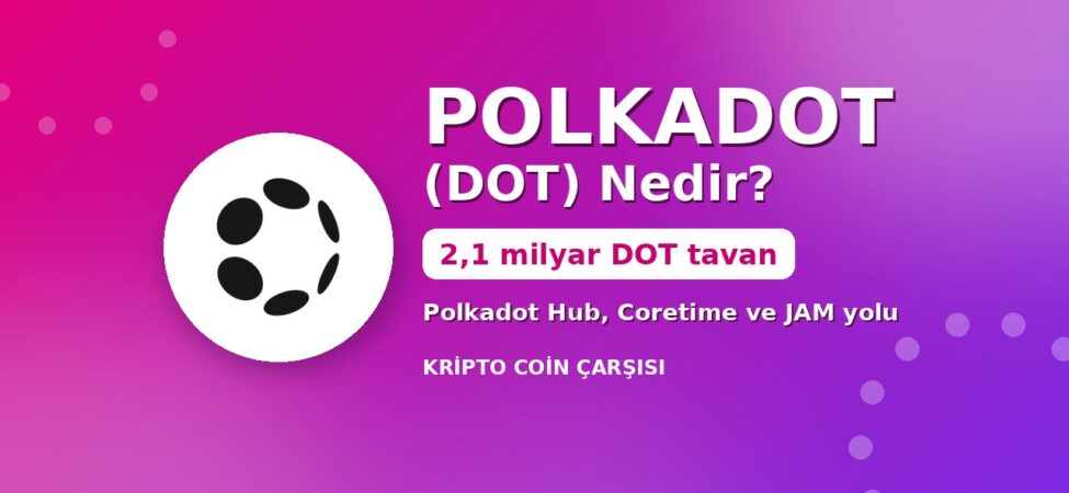 Polkadot (DOT) nedir kapak: resmi Polkadot logosu, 2,1 milyar DOT arz tavanı